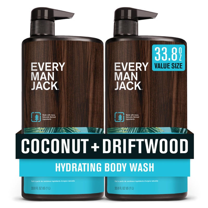 Every Man Jack Coconut + Driftwood Mens Body Wash for All Skin Types - Cleanse, Hydrate, and Smell Great - Free of Parabens, Phtalates, and Dyes - 33.8 fl oz (2 Pack) - Image 1