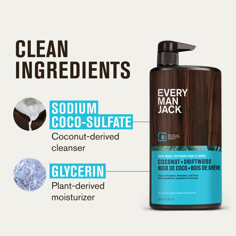 Every Man Jack Coconut + Driftwood Mens Body Wash for All Skin Types - Cleanse, Hydrate, and Smell Great - Free of Parabens, Phtalates, and Dyes - 33.8 fl oz (2 Pack) - Image 4