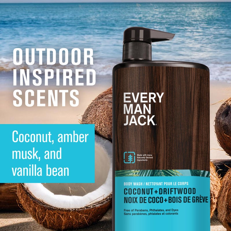 Every Man Jack Coconut + Driftwood Mens Body Wash for All Skin Types - Cleanse, Hydrate, and Smell Great - Free of Parabens, Phtalates, and Dyes - 33.8 fl oz (2 Pack) - Image 3