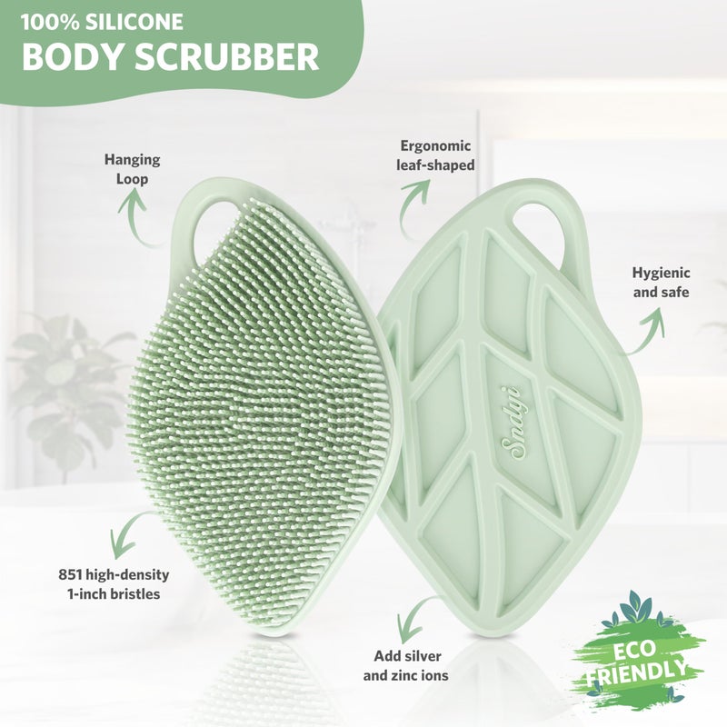 Sndyi Silicone Body Scrubber, Gentle Exfoliating Body Scrubber for Sensitive Skin, Leaf Shaped Shower Scrubber for Body with Lathering Bristles, Silicone Loofah Body Brush for Showering, Green - Image 2