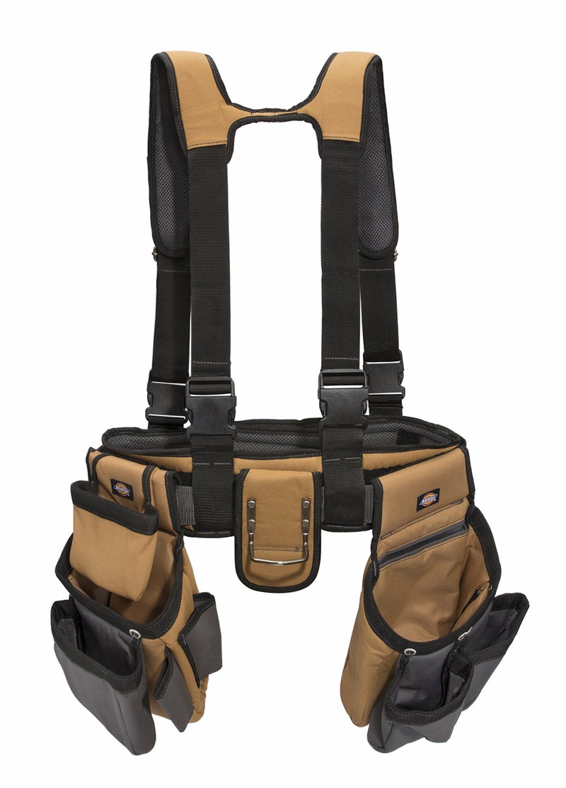 Dickies 4Piece Carpenters Rig Padded Tool Belt Suspenders Cooling Mesh Leather Tool Belt Steel Buckle GreyTan 38 lb - Image 1