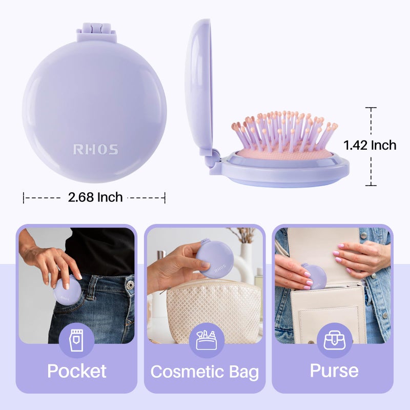 RHOS Hair Brush with Mirror for Women, Girls - Compact Folding Brush with Soft Nylon Bristles and Mirror - Portable Hair Brush for Travel (Purple) - Image 3