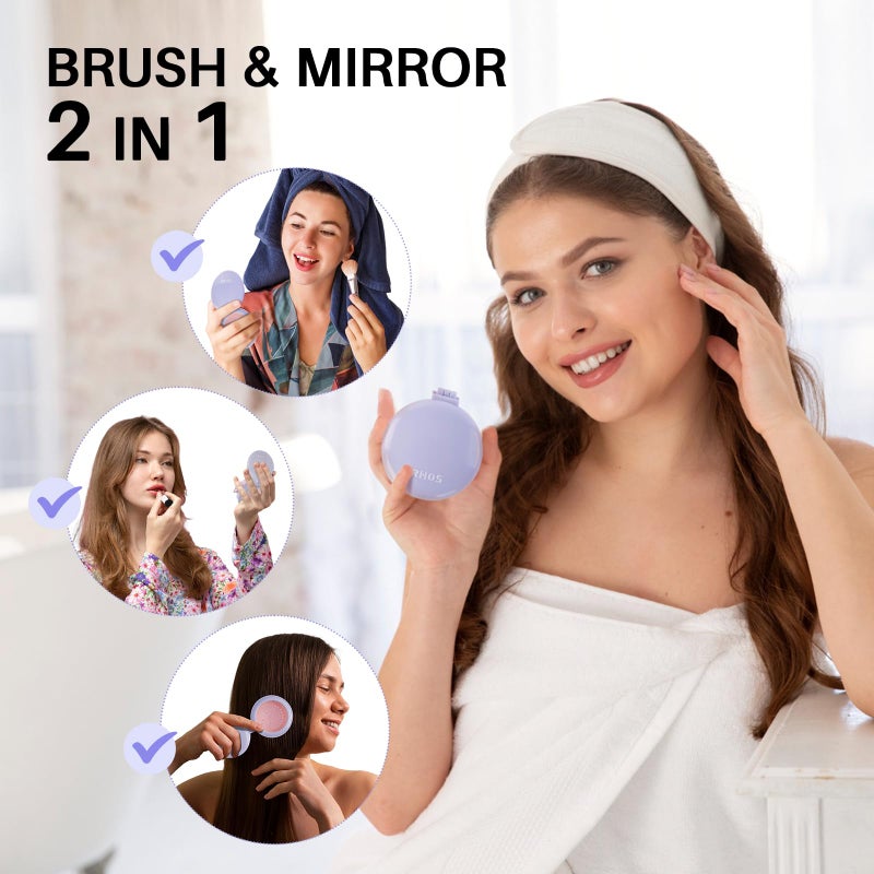 RHOS Hair Brush with Mirror for Women, Girls - Compact Folding Brush with Soft Nylon Bristles and Mirror - Portable Hair Brush for Travel (Purple) - Image 2