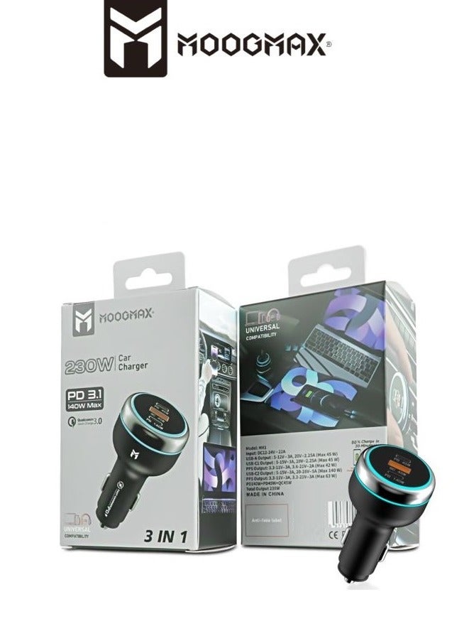 MOOGMAX 230W Car Charger, 3 Ports (2*Type-C + USB-A) Supports PD and QC3.0 Fast Charging Technologies, Compatible with Smartphones, Laptops and Several Other Devices. Charger Features Short Circuit and Overcharge Protection Circuit to Protect Your Devices - Image 5