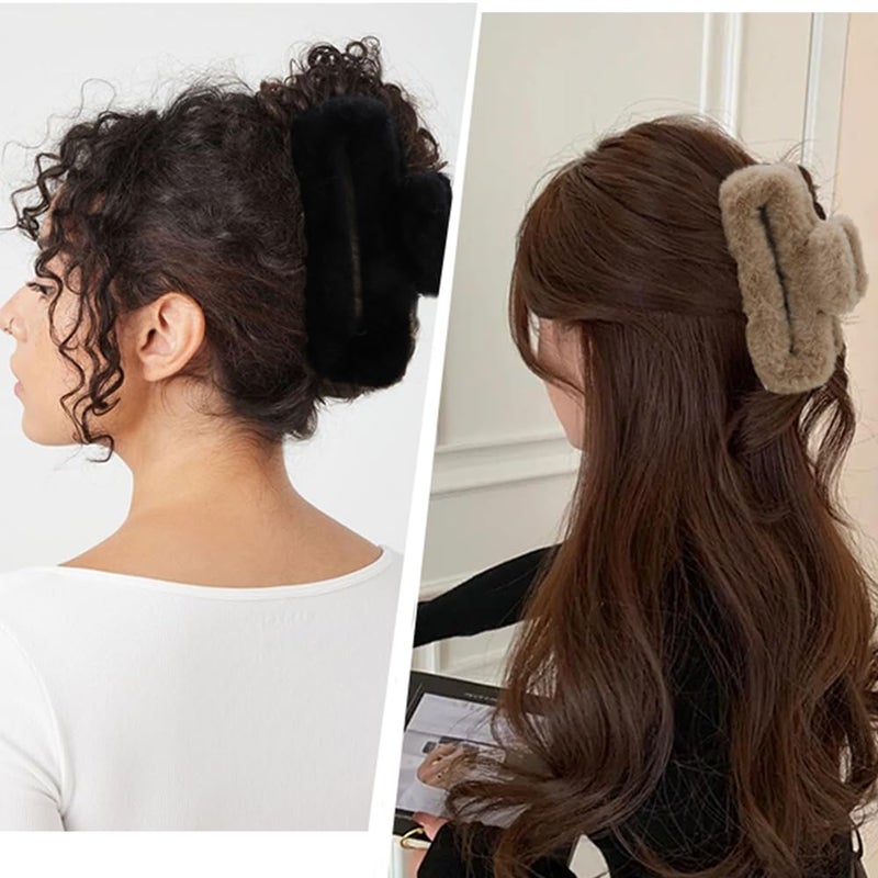 Ahoney 5 Inch Fuzzy Hair Claw Clip for Women Soft Fluffy Cute Hair Clips for Thick Hair, Strong Hold Non-slip Banana Jumbo Jaw Clips (Neutral) - Image 3