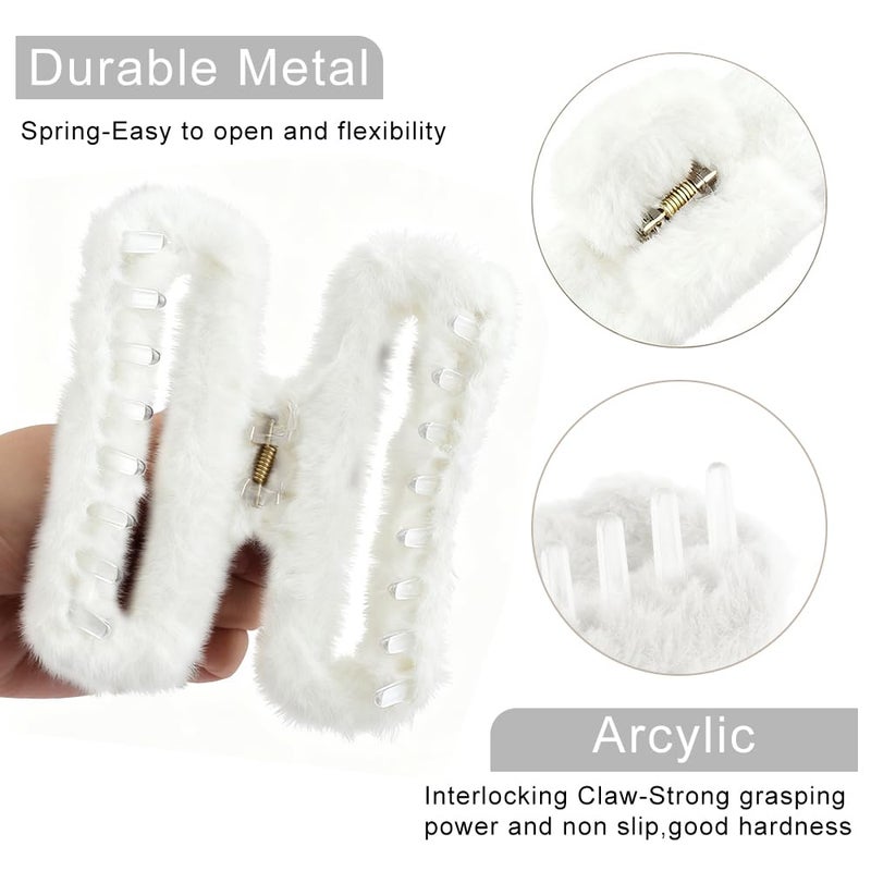 Ahoney 5 Inch Fuzzy Hair Claw Clip for Women Soft Fluffy Cute Hair Clips for Thick Hair, Strong Hold Non-slip Banana Jumbo Jaw Clips (Neutral) - Image 4