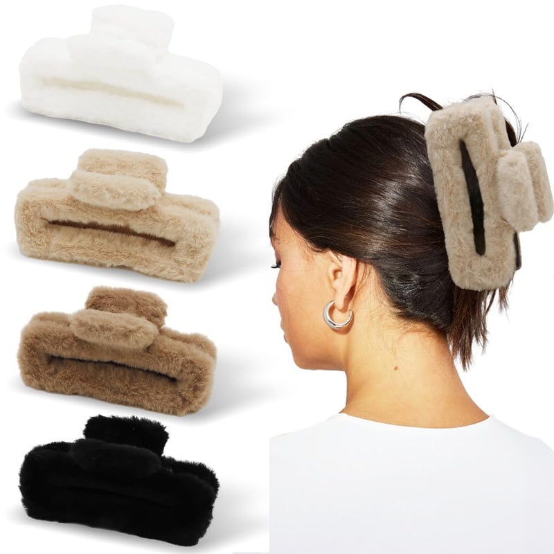 Ahoney 5 Inch Fuzzy Hair Claw Clip for Women Soft Fluffy Cute Hair Clips for Thick Hair, Strong Hold Non-slip Banana Jumbo Jaw Clips (Neutral) - Image 1