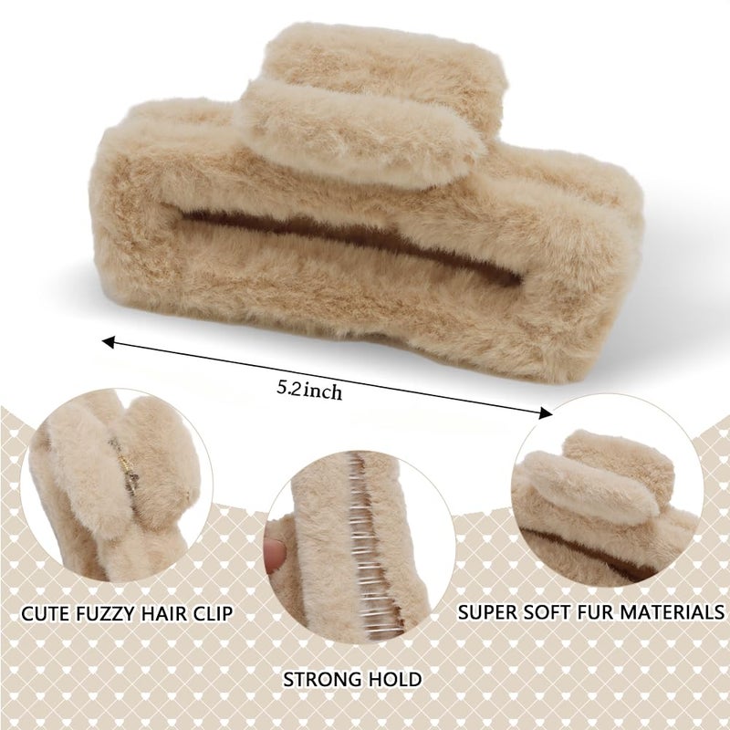 Ahoney 5 Inch Fuzzy Hair Claw Clip for Women Soft Fluffy Cute Hair Clips for Thick Hair, Strong Hold Non-slip Banana Jumbo Jaw Clips (Neutral) - Image 2