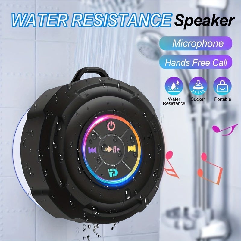 مكبر صوت أسود مقاوم للماء مع كوب شفط وأضواء RGB للاستحمام والتخييم - Image 1