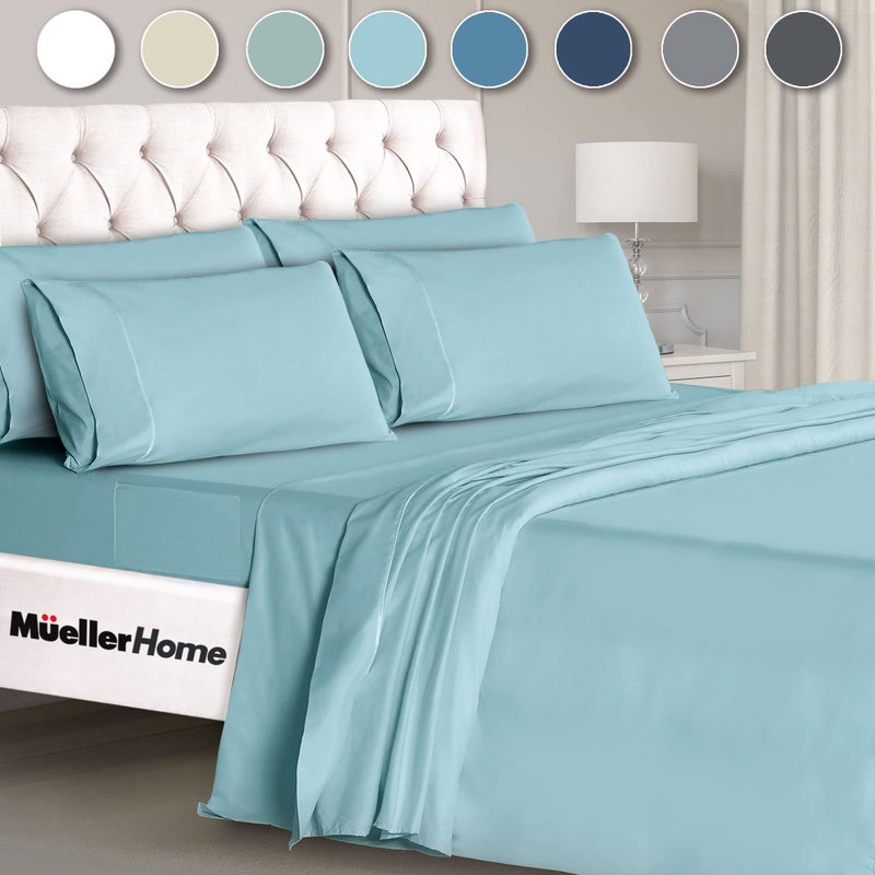 Mueller Ultratemp Bed Sheets Set  Super Soft 1800  6 Piece California King Sheet Sets  Deep Pocket up to 16""  Transfers Heat  Breathes Better  Hypoallergenic  Wrinkle-Resistant  Oeko-TEX  Aqua - Image 1