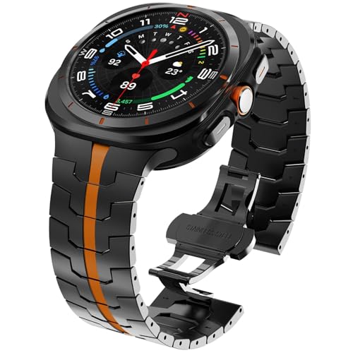 WINGLE Metal Band for Galaxy Watch Ultra Bands 47mm 20252024 Men Rugged Durable Armor Stainless Steel Samsung Galaxy Watch Ultra Band Classy Casual Business Bands Butterfly Folding Clasp BlackOrange - Image 1
