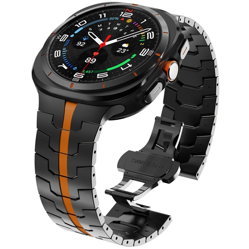 WINGLE Metal Band for Galaxy Watch Ultra Bands 47mm 20252024 Men Rugged Durable Armor Stainless Steel Samsung Galaxy Watch Ultra Band Classy Casual Business Bands Butterfly Folding Clasp BlackOrange - Image 2
