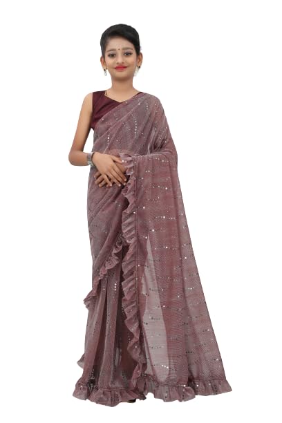 Xavima Kids Fancy Jari Tikli Work Ready to Wear Saree With Unstitched Blouse Piece- Lovendar_Size : 4-5 Y - Image 1