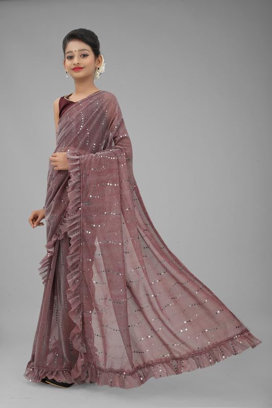Xavima Kids Fancy Jari Tikli Work Ready to Wear Saree With Unstitched Blouse Piece- Lovendar_Size : 4-5 Y - Image 3