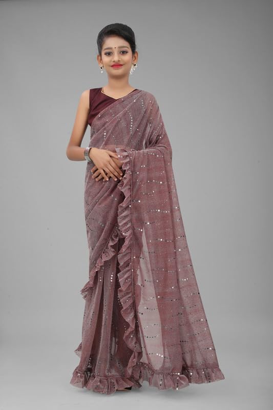 Xavima Kids Fancy Jari Tikli Work Ready to Wear Saree With Unstitched Blouse Piece- Lovendar_Size : 4-5 Y - Image 2