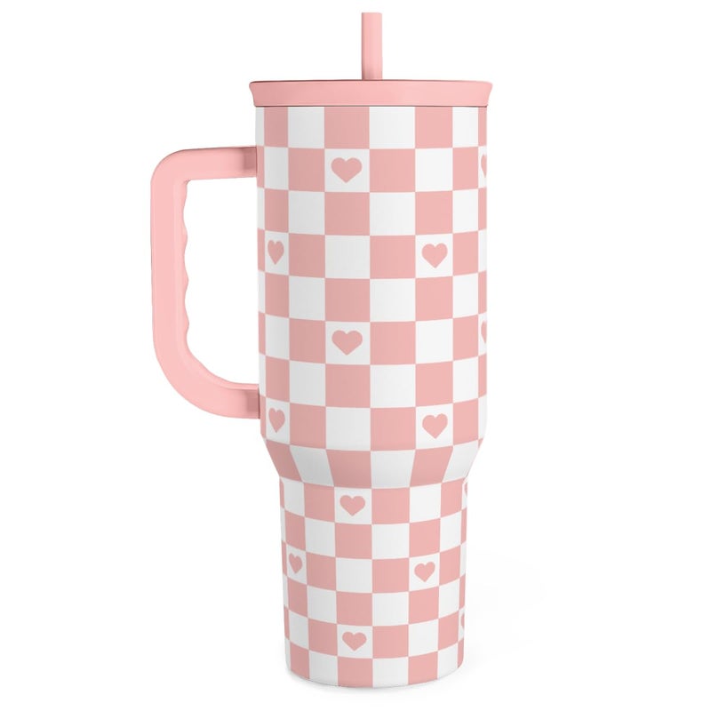 40oz Checkered and Heart Tumbler with Handle and Straw  Insulated Stainless Steel Travel Coffee Mug for Women Girls Gift for Birthday Christmas
