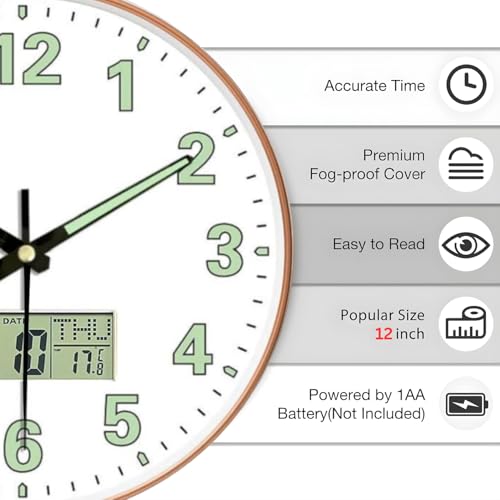 Ash  Roh Ash & Roh 12 Inch Silent Quatrz and Non-Ticking Wall Clock with Easy to Read Number and Analog Display Stylish & Decorative Design for Office, Living Room, Bedroom (Radium White Digital) - Image 3