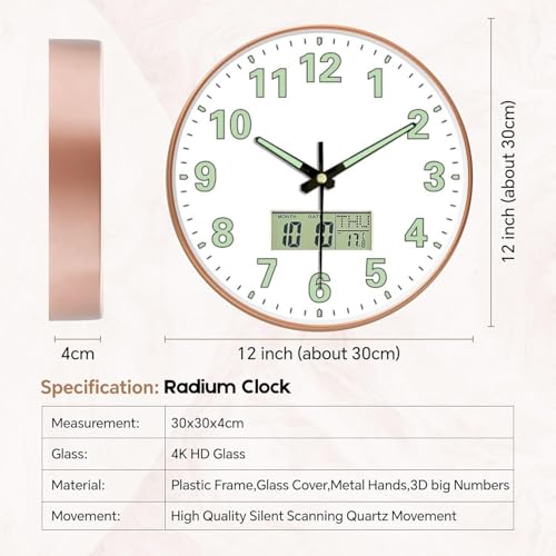 Ash  Roh Ash & Roh 12 Inch Silent Quatrz and Non-Ticking Wall Clock with Easy to Read Number and Analog Display Stylish & Decorative Design for Office, Living Room, Bedroom (Radium White Digital) - Image 5