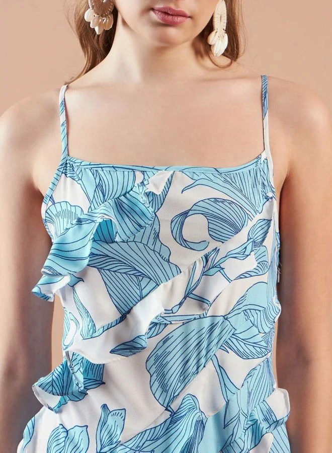 Freehand  Women Fit and Flared Tropical Printed Square Neck Sleeveless Maxi Dress for Women | Best Price UAE