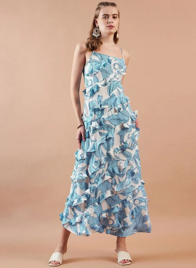 Women Fit and Flared Tropical Printed Square Neck Sleeveless Maxi Dress
