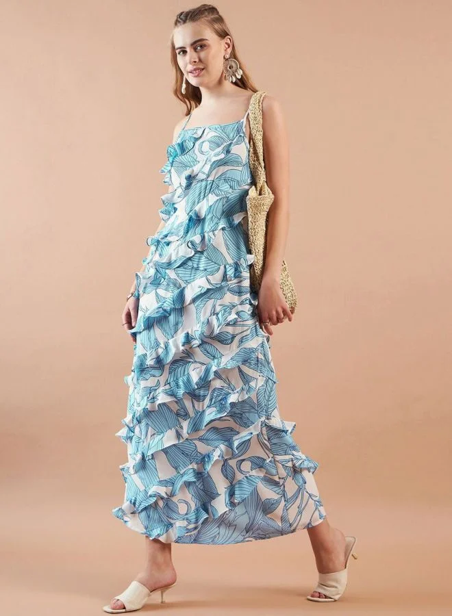 Freehand  Women Fit and Flared Tropical Printed Square Neck Sleeveless Maxi Dress for Women | Best Price UAE