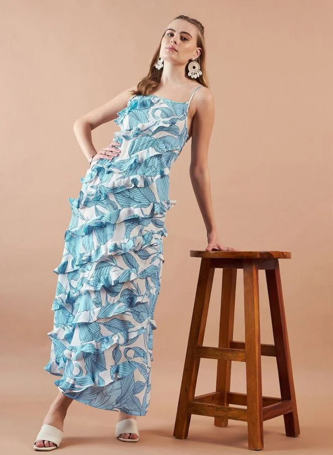 Freehand  Women Fit and Flared Tropical Printed Square Neck Sleeveless Maxi Dress for Women | Best Price UAE