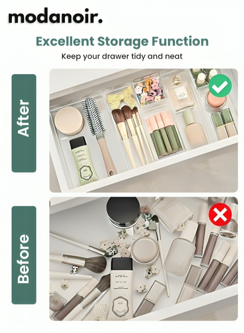 مودانوير مجموعة من 25 قطعة من منظمات الأدراج الشفافة – منظم درج مطبخ وتقسيمات درج ومنظم أدوات المائدة – 4 أحجام من منظمات متعددة الاستخدامات وصواني تخزين بلاستيكية للمطبخ والحمام والتسريحة والمكتب - Image 3