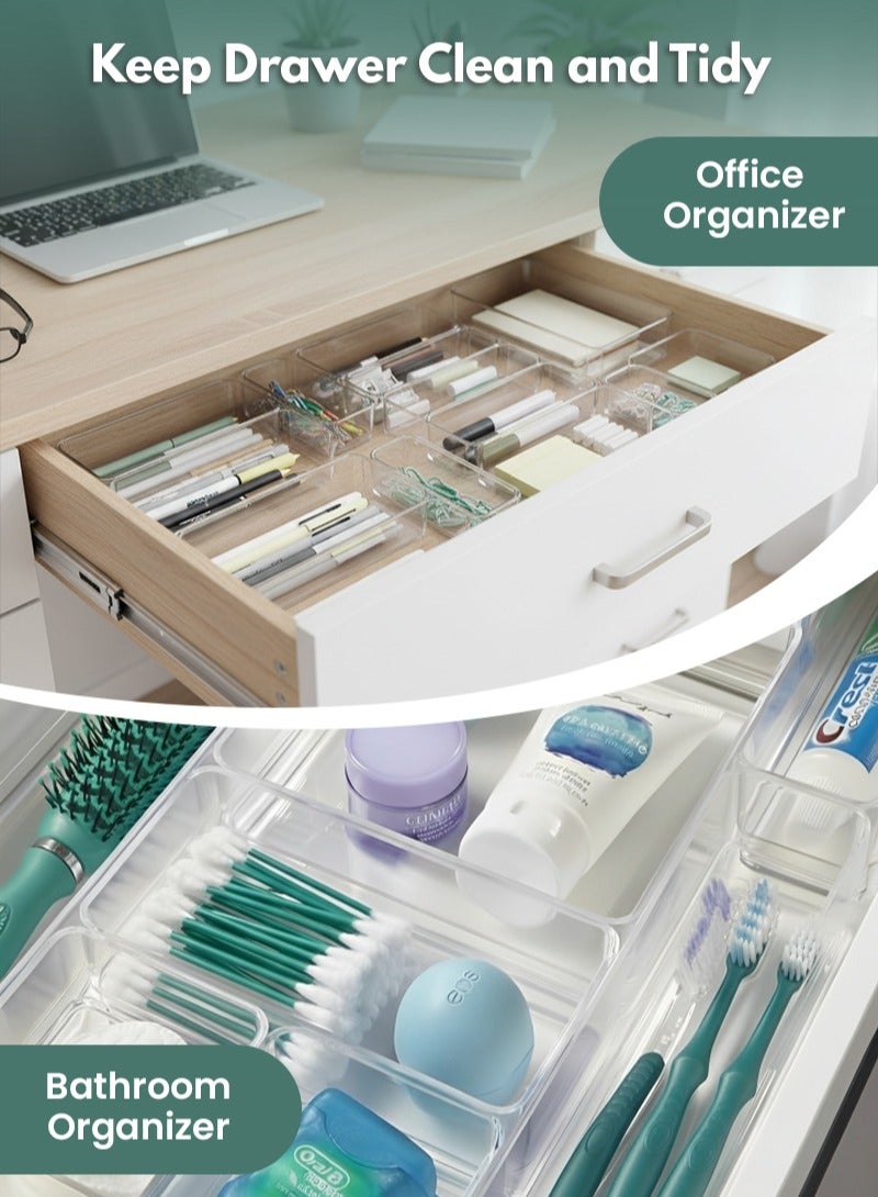 مودانوير مجموعة من 25 قطعة من منظمات الأدراج الشفافة – منظم درج مطبخ وتقسيمات درج ومنظم أدوات المائدة – 4 أحجام من منظمات متعددة الاستخدامات وصواني تخزين بلاستيكية للمطبخ والحمام والتسريحة والمكتب - Image 4