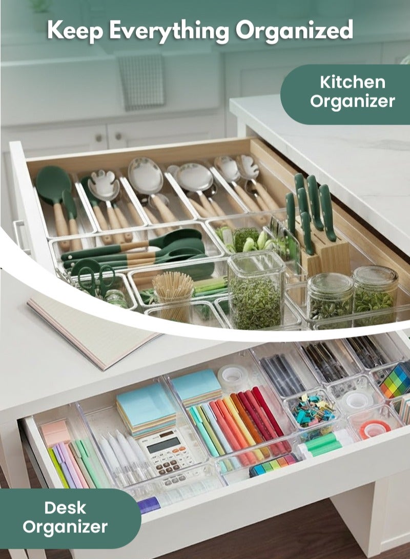 مودانوير مجموعة من 25 قطعة من منظمات الأدراج الشفافة – منظم درج مطبخ وتقسيمات درج ومنظم أدوات المائدة – 4 أحجام من منظمات متعددة الاستخدامات وصواني تخزين بلاستيكية للمطبخ والحمام والتسريحة والمكتب - Image 5