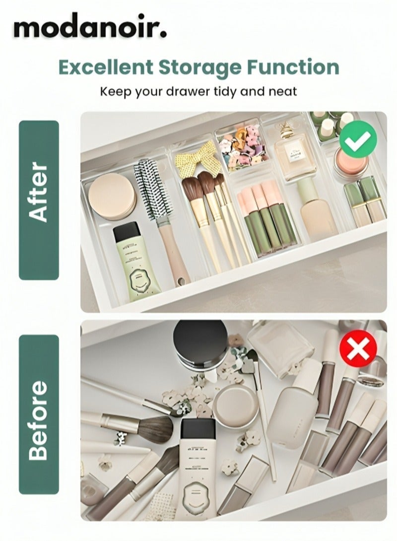 مودانوير مجموعة من 25 قطعة من منظمات الأدراج الشفافة – منظم درج مطبخ وتقسيمات درج ومنظم أدوات المائدة – 4 أحجام من منظمات متعددة الاستخدامات وصواني تخزين بلاستيكية للمطبخ والحمام والتسريحة والمكتب - Image 3