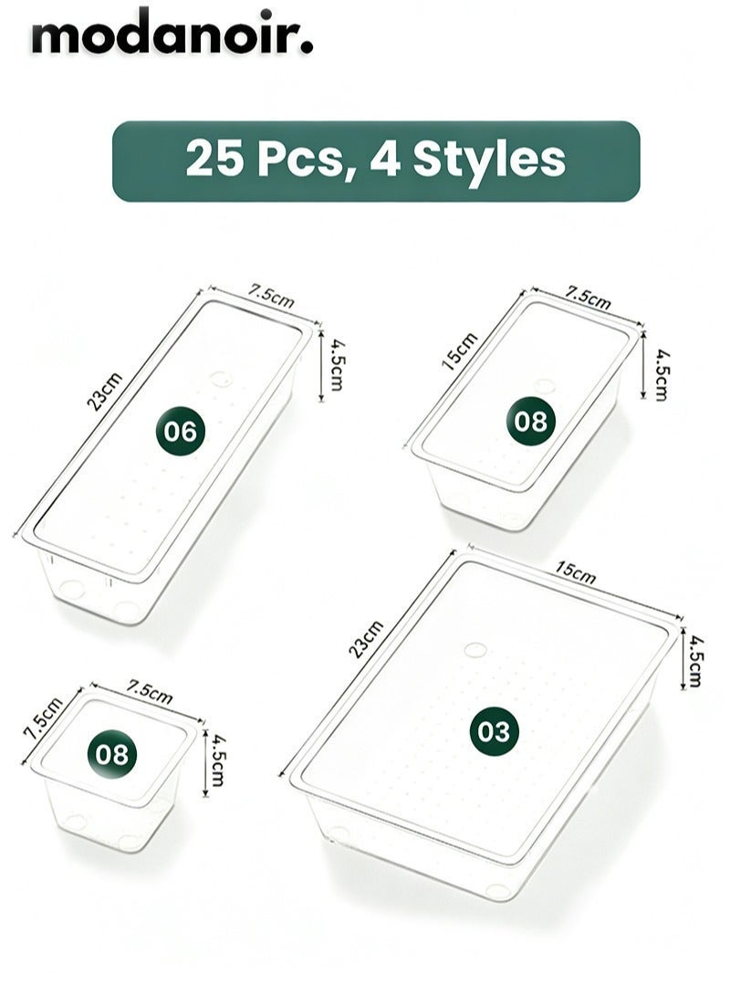مودانوير مجموعة من 25 قطعة من منظمات الأدراج الشفافة – منظم درج مطبخ وتقسيمات درج ومنظم أدوات المائدة – 4 أحجام من منظمات متعددة الاستخدامات وصواني تخزين بلاستيكية للمطبخ والحمام والتسريحة والمكتب - Image 2