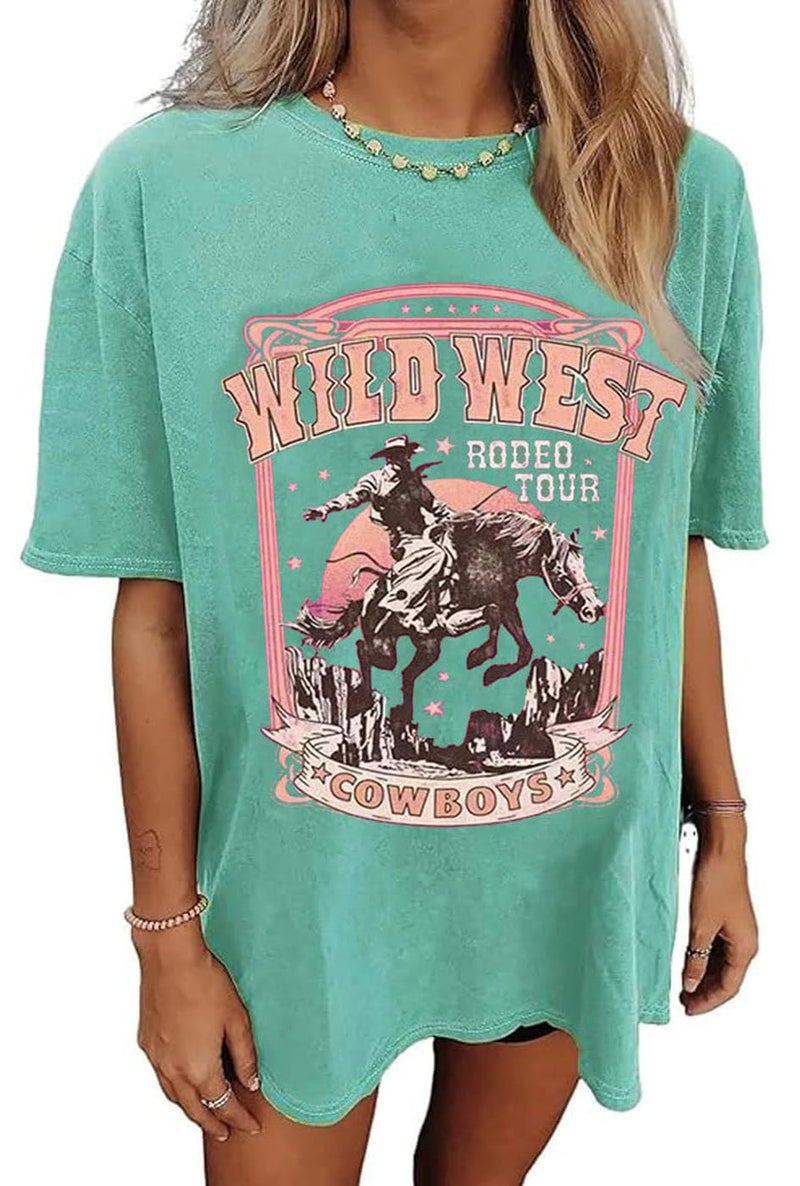 Oversized Wild West Cowboys T-Shirt for Women Western Rodeo Graphic Tee Short Sleeve Loose Vintage Country Music Tee Top (Medium,Green)