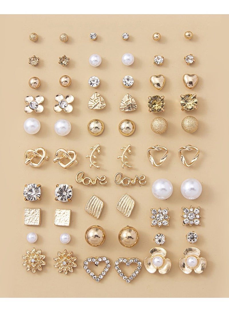 Large Set of Earrings with Different Designs, Heart and Flower Studs, 60 Pieces - Image 1