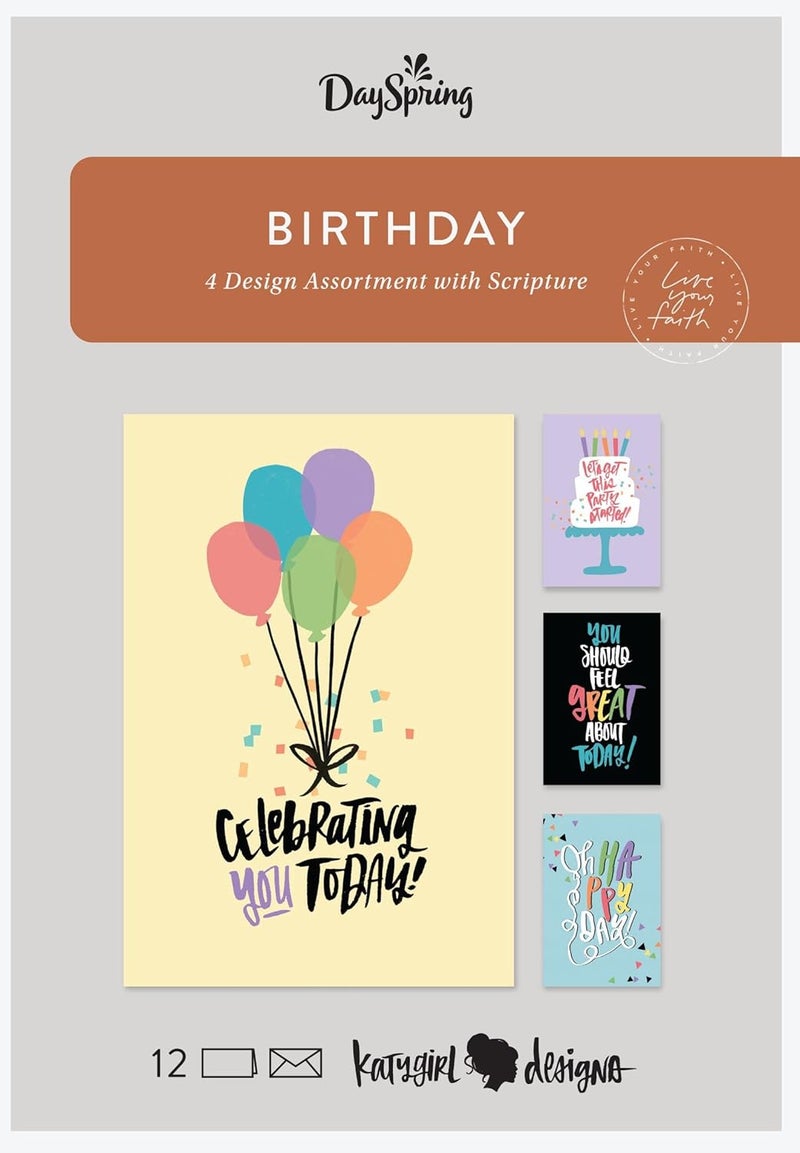 DaySpring  Katygirl Designs  Celebrating You Today  4 Design Assortment with Scripture  12 Boxed Birthday Cards  Envelopes J7442 - Image 1