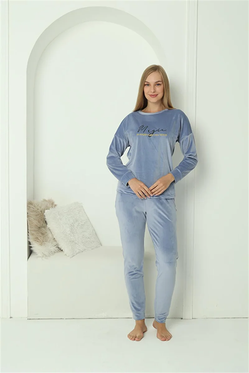 اكبينيز Women's Velvet Blue Pajama Set 20624