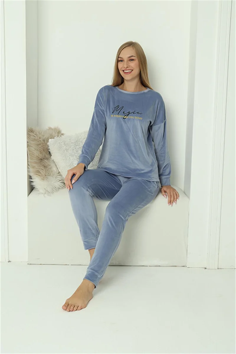 اكبينيز Women's Velvet Blue Pajama Set 20624