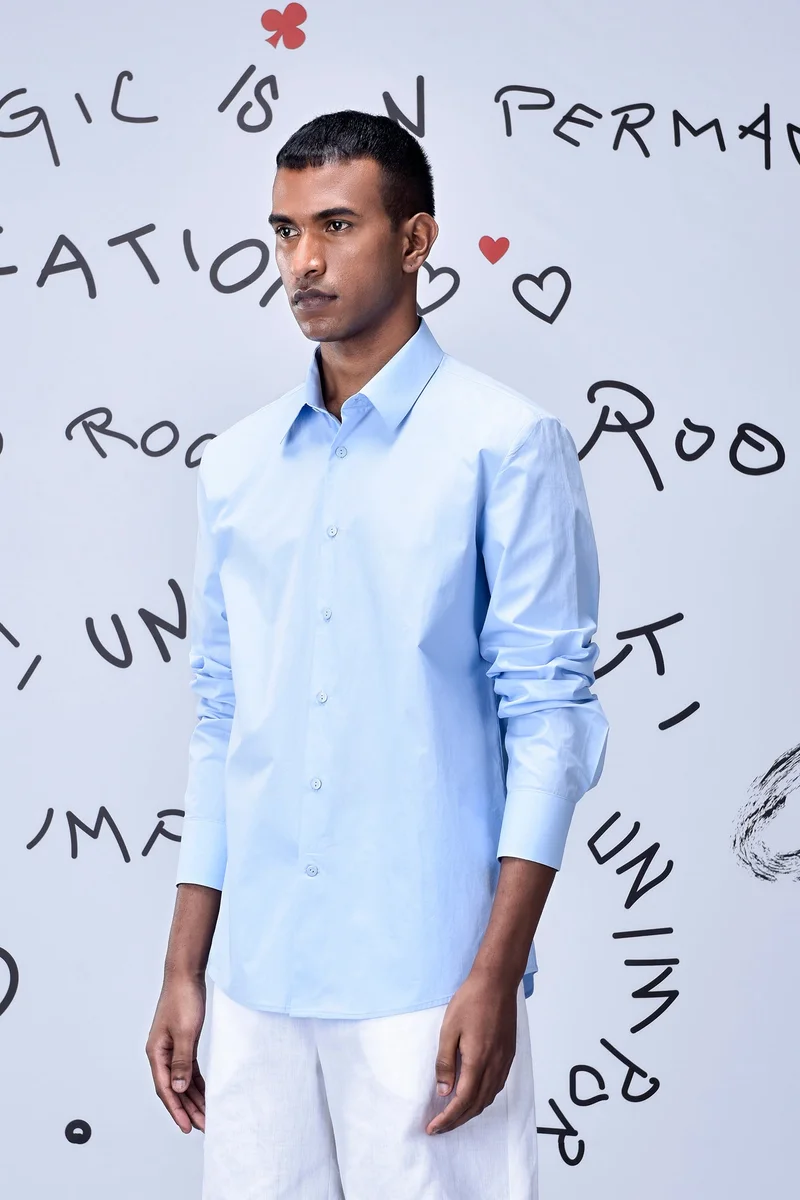 Genes Lecoanet Hemant Cotton Poplin Regular Fit Shirt- Light Blue