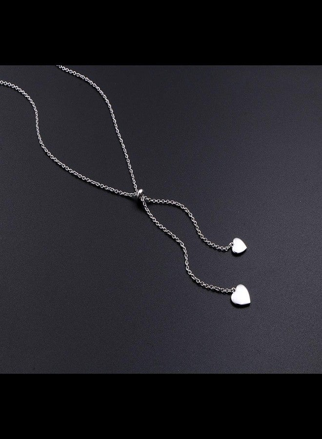 FLYOW Long Chain Dainty Necklace Simple Style 925 Sterling Silver Heart Pendant Adjustable Y Shaped Necklace Jewelry (Two heart) - Image 5