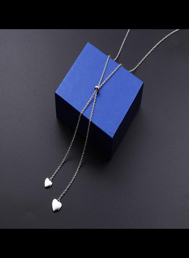 FLYOW Long Chain Dainty Necklace Simple Style 925 Sterling Silver Heart Pendant Adjustable Y Shaped Necklace Jewelry (Two heart) - Image 2