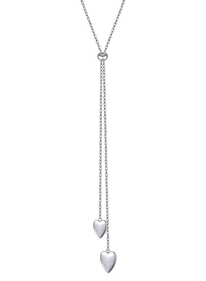 FLYOW Long Chain Dainty Necklace Simple Style 925 Sterling Silver Heart Pendant Adjustable Y Shaped Necklace Jewelry (Two heart) - Image 1