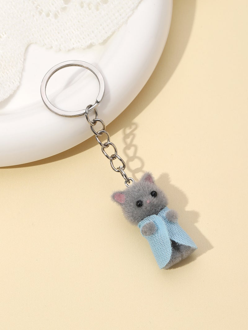 Cute Resin Flocked Cat Keychain Colorful Clothing Charm gray blue