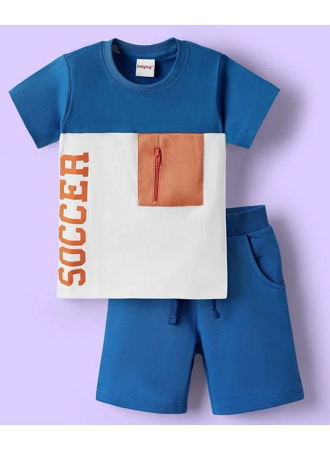 Babyhug Babyhug Single Jersey Knit Half Sleeves T-Shirt & Shorts Set With Soccer Text Print - Blue & White