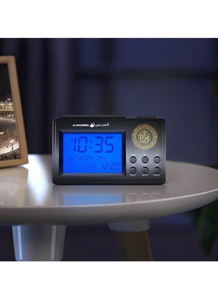 Generic - Digital Azan Table Clock - Prayer Times,Bedside Clock/Decorative Clock/in LCD Clock| Prayer Alarm Table Clock with Worldwide Prayer Times and Multiple Azan Sounds (Black) - Image 1