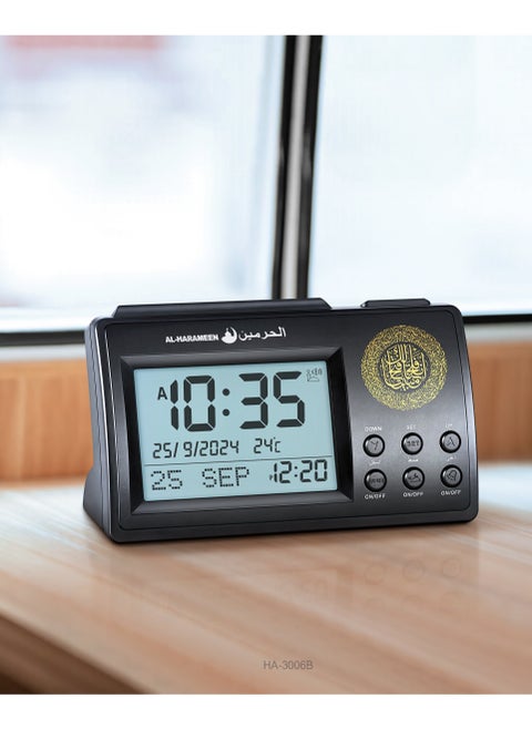 Digital Azan Table Clock - Prayer Times,Bedside Clock/Decorative Clock/in LCD Clock| Prayer Alarm Table Clock with Worldwide Prayer Times and Multiple Azan Sounds (Black)