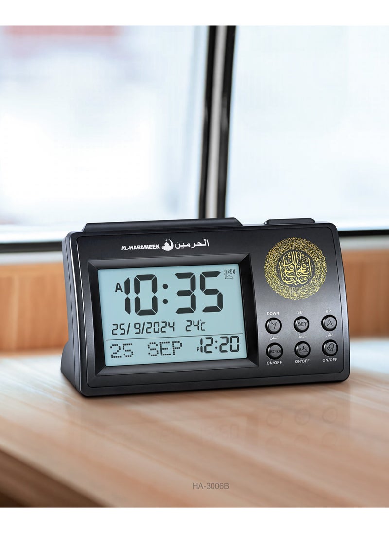 Generic - Digital Azan Table Clock - Prayer Times,Bedside Clock/Decorative Clock/in LCD Clock| Prayer Alarm Table Clock with Worldwide Prayer Times and Multiple Azan Sounds (Black) - Image 1