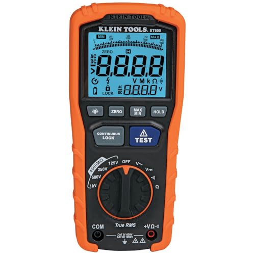 Klein Tools ET600 Multimeter, Megohmmeter Insulation Tester, 4000 Ohms Resistance, 125V/250V/500V/1000V, Auto-Ranging TRMS Multimeter - Image 1