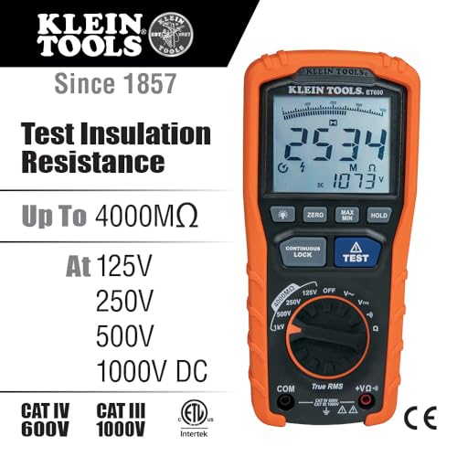 Klein Tools ET600 Multimeter, Megohmmeter Insulation Tester, 4000 Ohms Resistance, 125V/250V/500V/1000V, Auto-Ranging TRMS Multimeter - Image 2