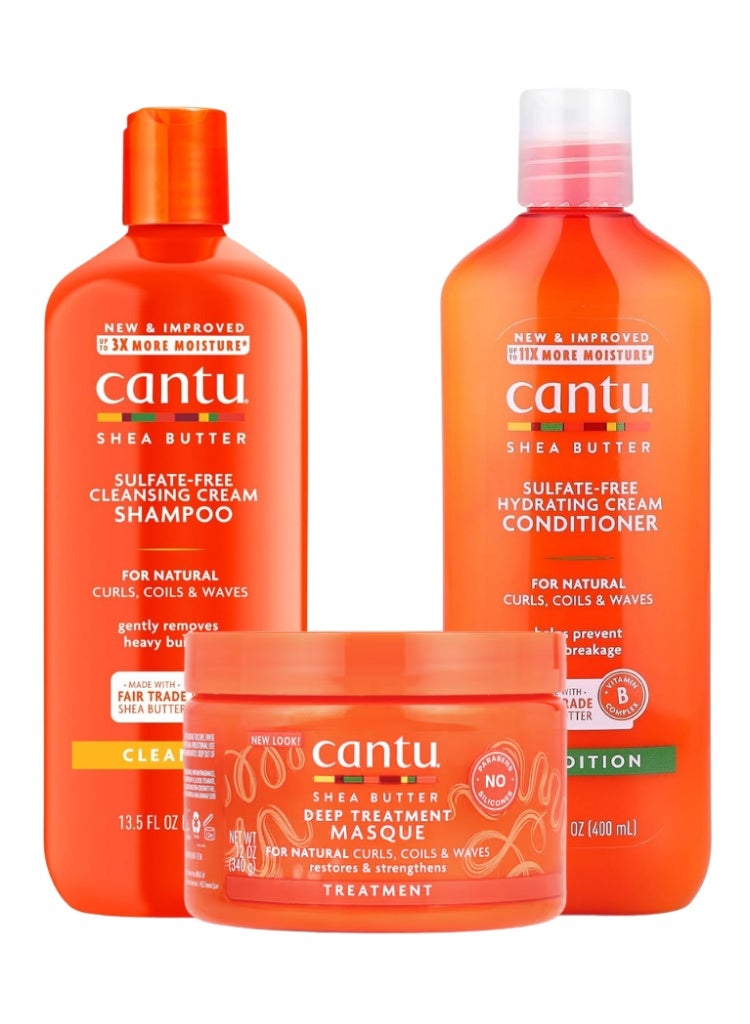 Cantu Shea Butter Sulfate-Free Shampoo, Hydrating Conditioner & Deep Treatment Masque Set – Moisture Care Trio for Natural Hair - Image 1