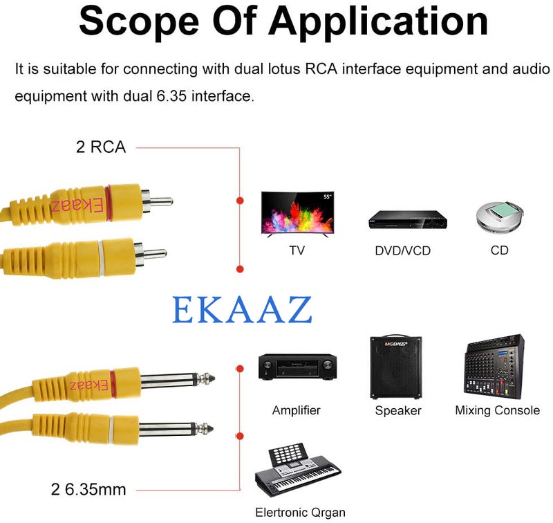 EKAAZ RCA to 1/4 Cable, Quarter inch TS Jack to RCA (2 Jack 6.35mm Stereo to 2 RCA Jack) Audio Y Splitter Cable Insert Cable (10 Meter) - Image 2