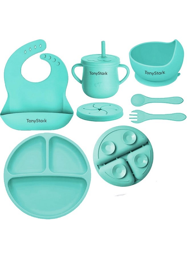 TONY STARK 7 Pcs Silicone Baby Feeding Set Bpa-Free,Microwave Safe,Anti-Slip Base | Complete Tableware Kit For Babies & Toddlers With Suction Plate,Bowl,Cup, Spoon,Fork & Bib (Green) - Image 1